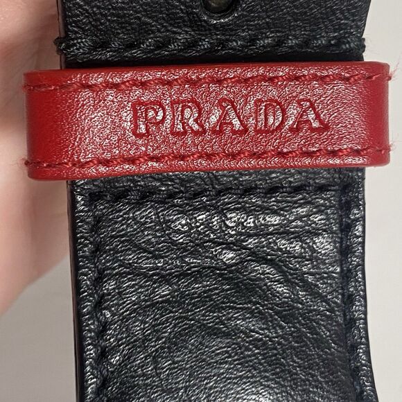 Prada Black Tessuto Woven Belt Leather Trim Red Loop Silver Buckle Made In Italy - Picture 3 of 16